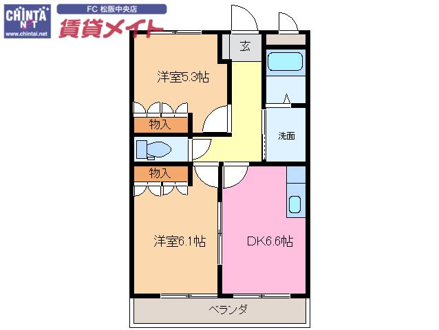 エバープレイスB(2DK/1階)の間取り写真
