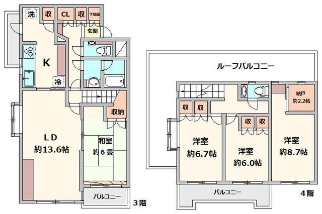ベルメゾンー船橋2丁目-(4LDK/3階)の間取り写真
