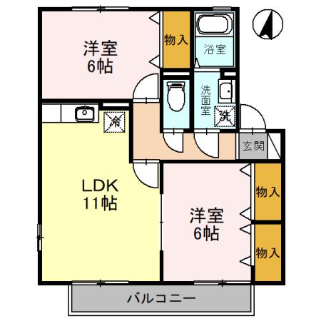 シンフォニータウンI A棟(2LDK/2階)の間取り写真