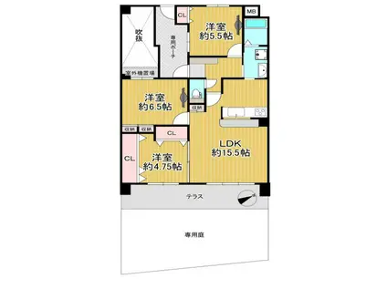 ダイアパレス枚方山田池公園 庭付(3LDK/1階)の間取り写真