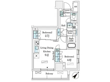 パークアクシス横浜伊勢佐木町通(2LDK/3階)の間取り写真