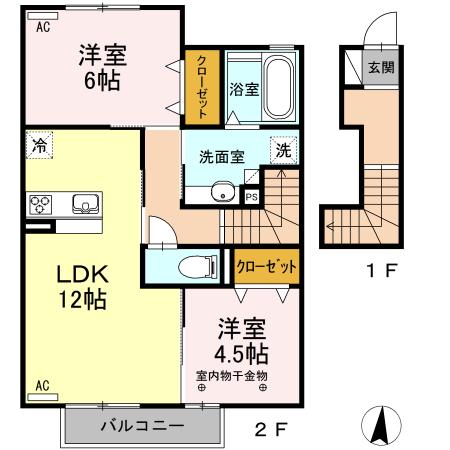 ローズクォーツ(2LDK/2階)の間取り写真
