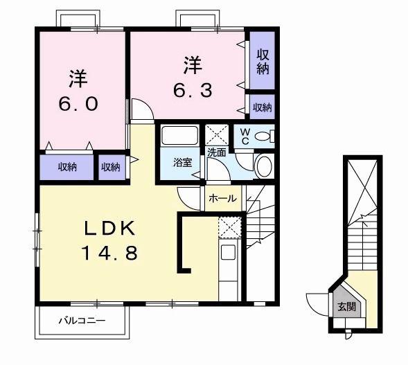 サンシェール B(2LDK/2階)の間取り写真