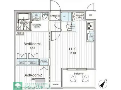 ビエラコート日本橋久松町(2LDK/10階)の間取り写真