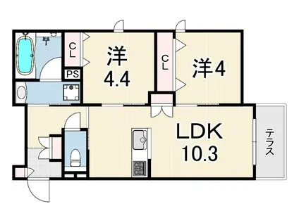 西宮市甲子園七番町ヘーベルメゾン(2LDK/1階)の間取り写真