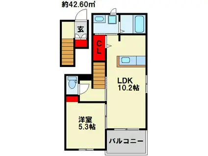 エスポワールB(1LDK/2階)の間取り写真