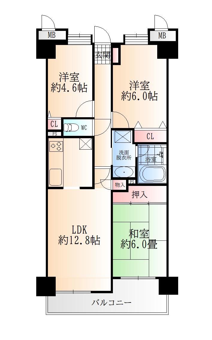 ヴィルヌーブ北仙台(3LDK/3階)の間取り写真