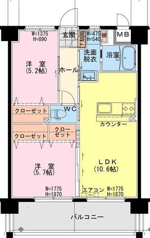 延岡・北小路YMマンション(2LDK/4階)の間取り写真
