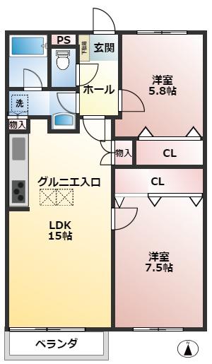 ジョイフル花小金井(2LDK/2階)の間取り写真