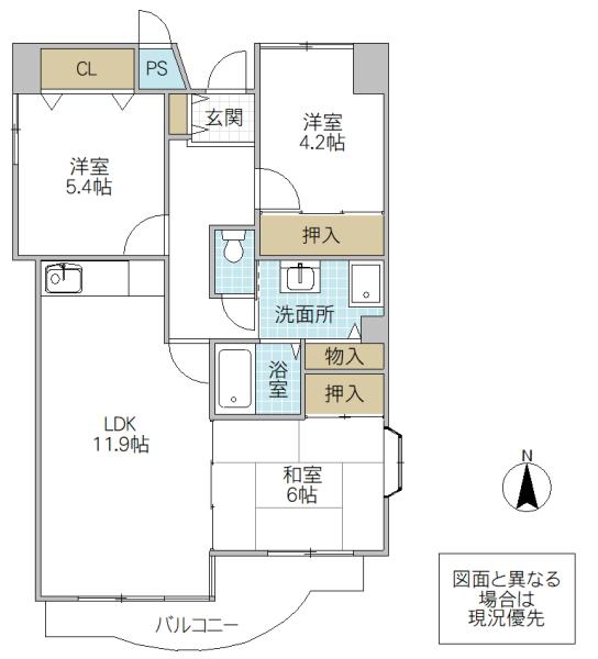 サニーヒル会瀬 1号館(3LDK/2階)の間取り写真