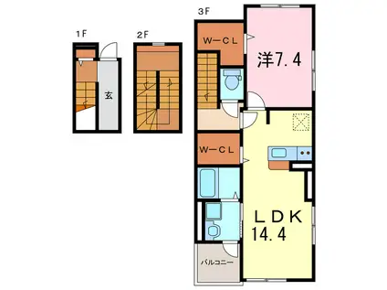 ソレイユ F(1LDK/3階)の間取り写真