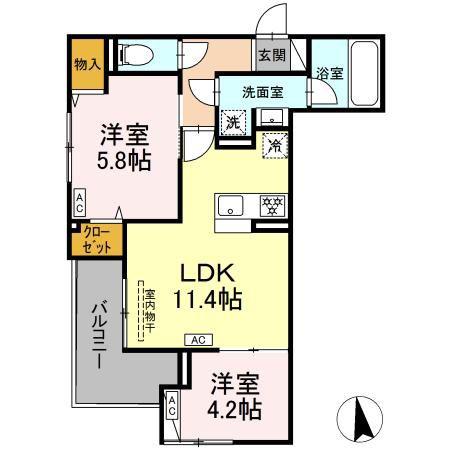 セレスティア谷中(2LDK/2階)の間取り写真