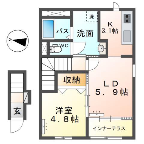 新潟市秋葉区中野アパート(1LDK/2階)の間取り写真