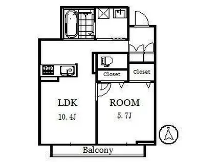 ジンバラン恵み野(1LDK/2階)の間取り写真