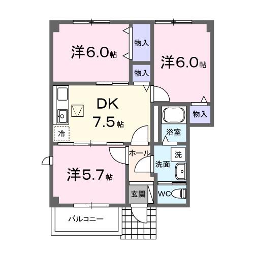ベルク・ヴィラ B棟(3DK/1階)の間取り写真