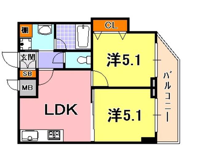 ロイヤルヒル神戸三ノ宮II(2LDK/9階)の間取り写真