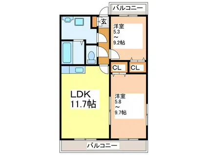MIYAJINOコートステージ(2LDK/1階)の間取り写真
