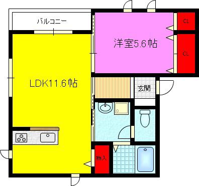 IKメゾンB(1LDK/2階)の間取り写真
