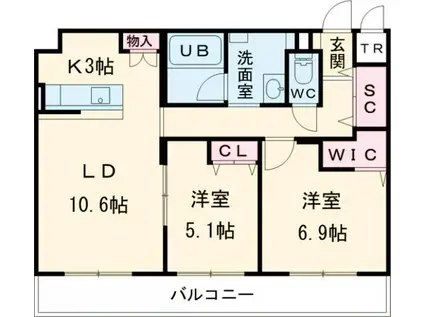 ジュノール千歳真々地(2LDK/5階)の間取り写真