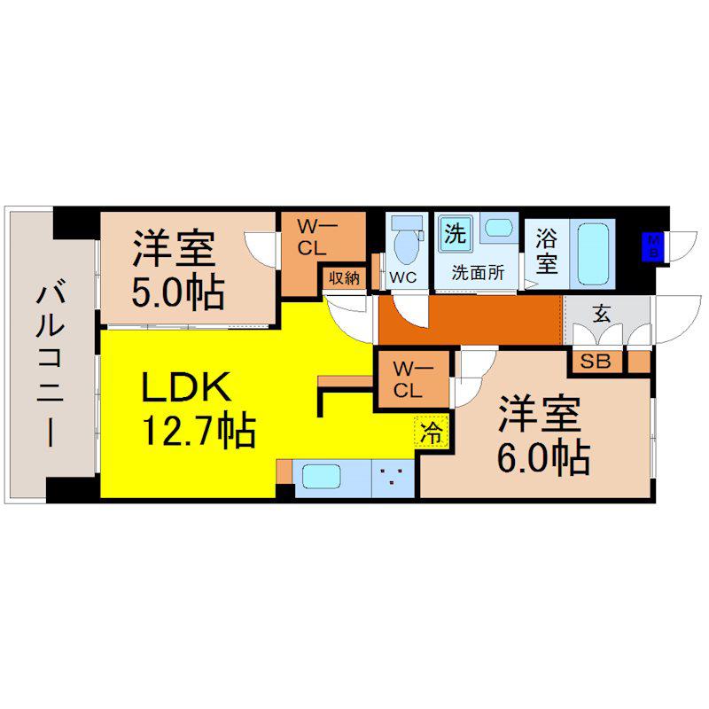 S-RESIDENCE茶屋ヶ坂イースト(2LDK/5階)の間取り写真