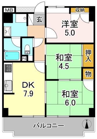 コーラルハイツ平野(3DK/5階)の間取り写真
