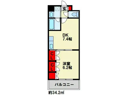 ラクーレV片野(1DK/6階)の間取り写真