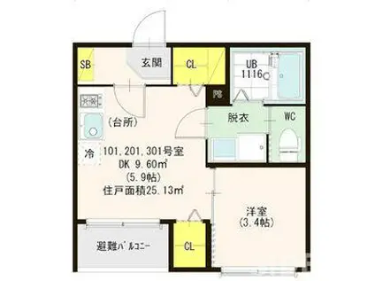 ハーモニーテラス新喜多東(1DK/2階)の間取り写真