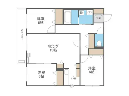 ZABO HILLS TOYOHIRA イースト・ウエスト(3LDK/2階)の間取り写真
