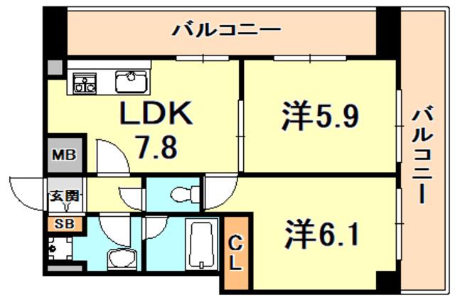 ロイヤルヒル神戸三ノ宮2(2LDK/13階)の間取り写真