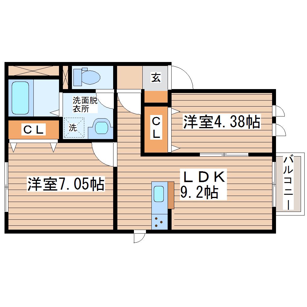 プリンシパル栗生(2LDK/2階)の間取り写真