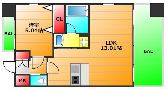 プレジオ難波ユーロ(1LDK/14階)の間取り写真