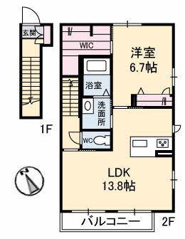 カーサ大町I(1LDK/2階)の間取り写真