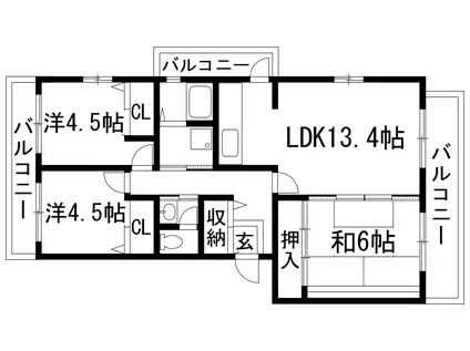 東山台ハイツ204号棟(3LDK/2階)の間取り写真