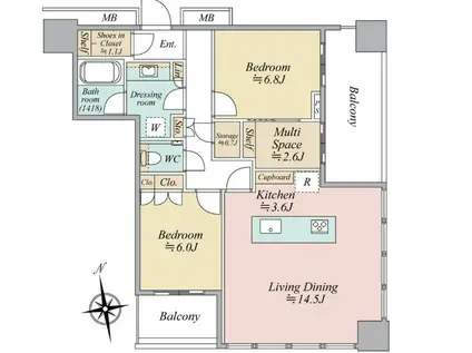 ワールドタワーレジデンス(2SLDK/33階)の間取り写真