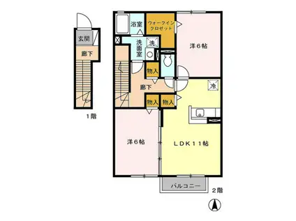 ローズコート塩山 壱番館(2LDK/2階)の間取り写真
