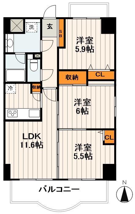 ノーブルサンパティオ荒川(3LDK/11階)の間取り写真
