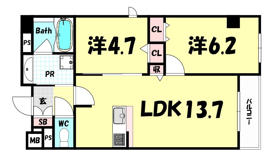 神戸海岸通 萬利RESIDENCE(2LDK/2階)の間取り写真
