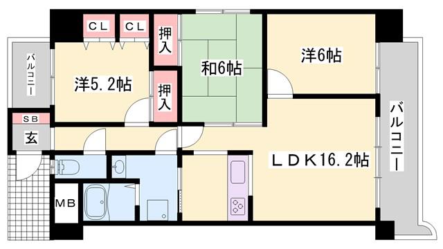 朝日プラザ野里北野町(3LDK/2階)の間取り写真
