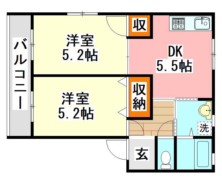 レアルワイズマンション中津原(2DK/2階)の間取り写真