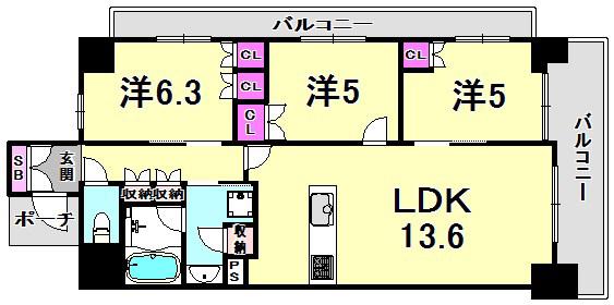 ローレルコート・クレヴィア尼崎駅前(3LDK/14階)の間取り写真