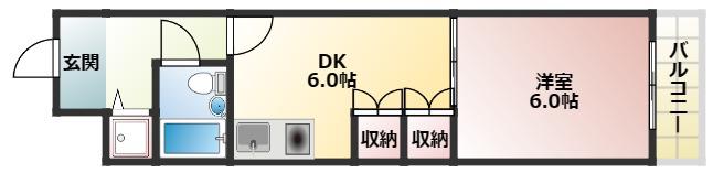 旭シックスマンション(1DK/2階)の間取り写真