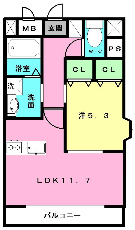 フェリーチェ菊陽東(1LDK/7階)の間取り写真