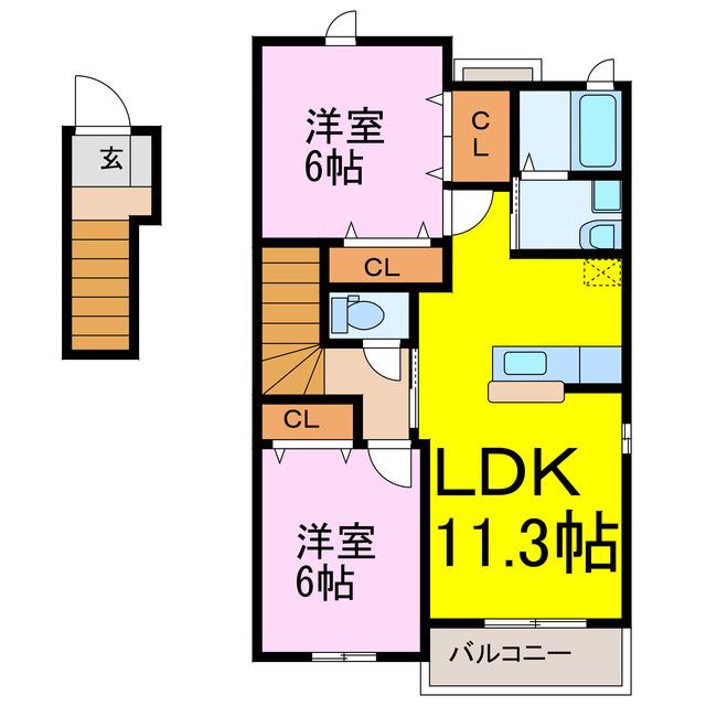 アンソレイエI(2LDK/2階)の間取り写真