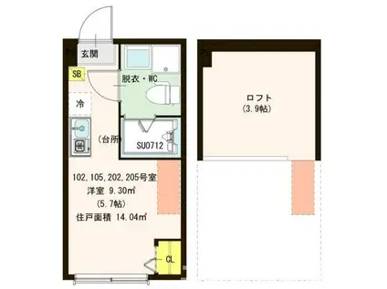 ブルベアガーデン(ワンルーム/2階)の間取り写真