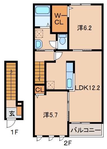 ボヌール岩橋 I(2LDK/2階)の間取り写真