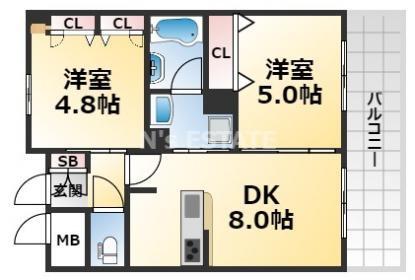 エステムコート神戸・大開通ルミナス(2DK/3階)の間取り写真