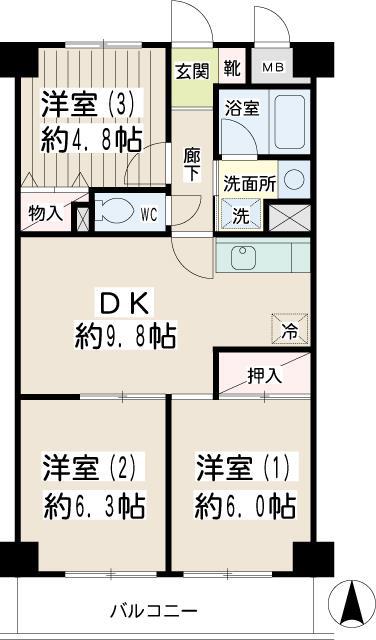 ブロードマンション(3DK/4階)の間取り写真