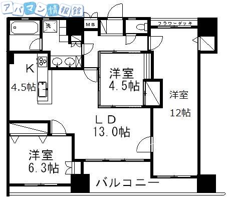 アパガーデンコート弁天公園(3LDK/2階)の間取り写真
