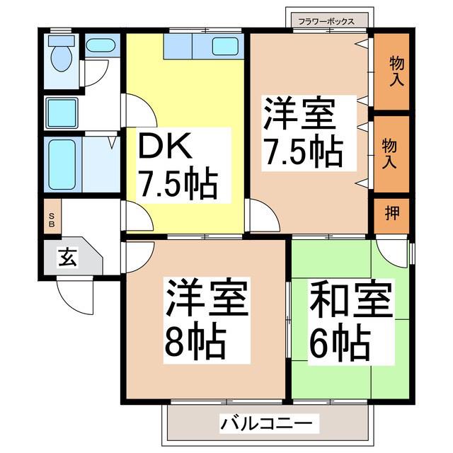 ロイヤルパーク篠ノ井B棟(3DK/1階)の間取り写真