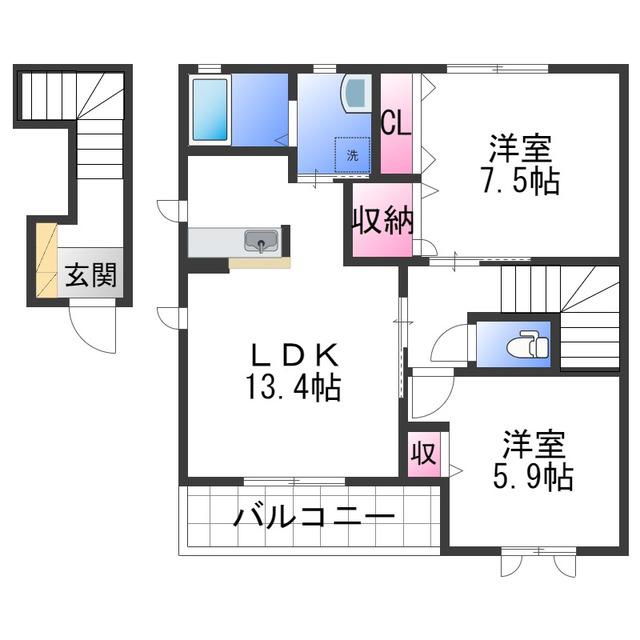 MASTCOURT鳴神(2LDK/2階)の間取り写真